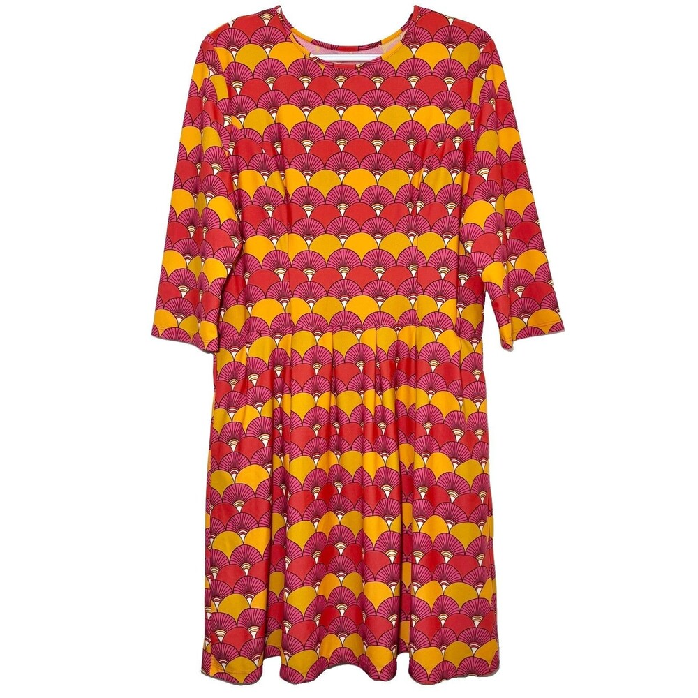 Jude Connally Shannon Dress Est Large Fan Print Pockets Pink Orange USA Stretch